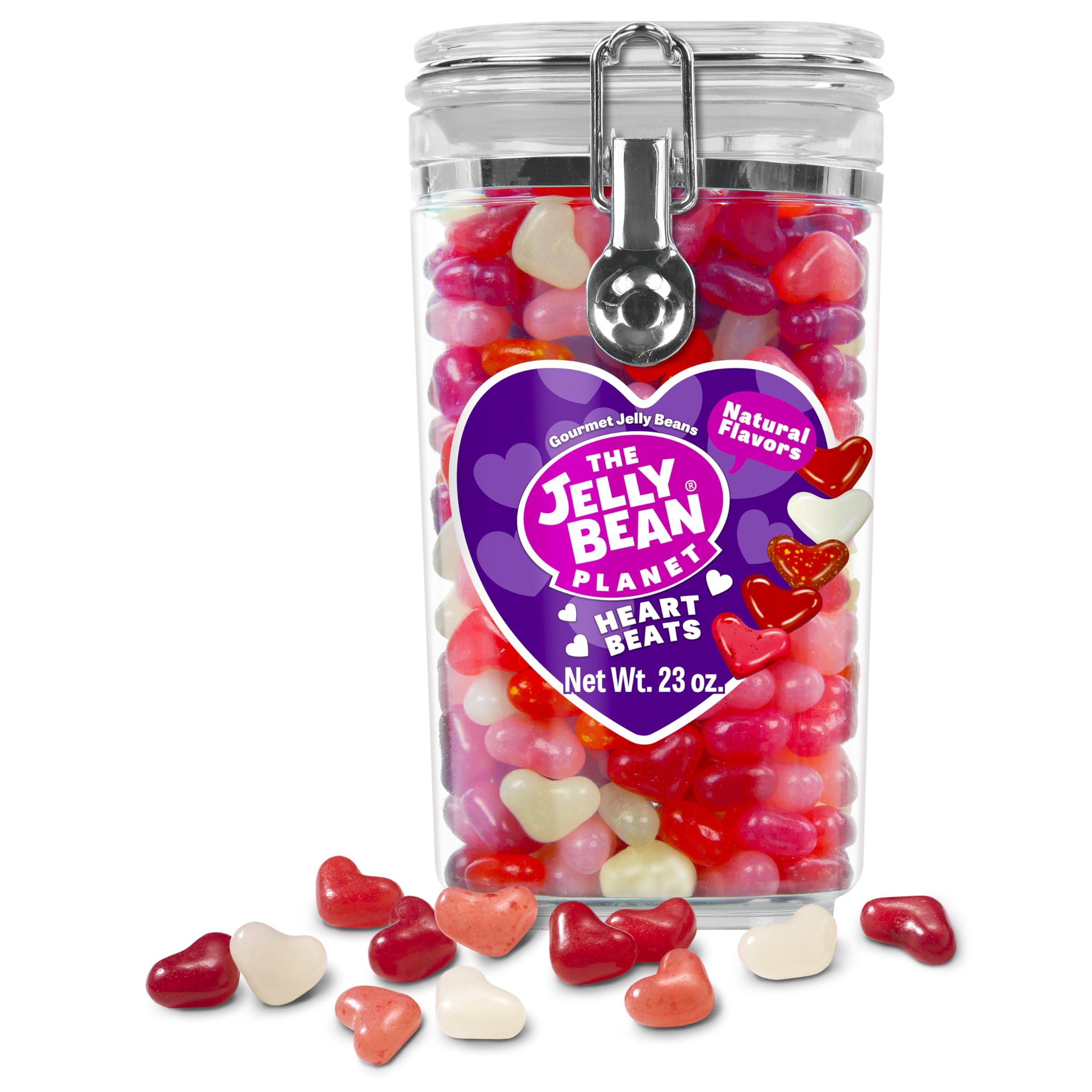 The Jelly Bean Planet Heart Beats jar shows colorful heart-shaped beans for sharing.