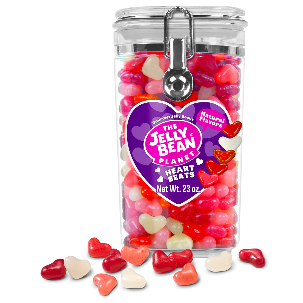 The Jelly Bean Planet Heart Beats jar shows colorful heart-shaped beans for sharing.