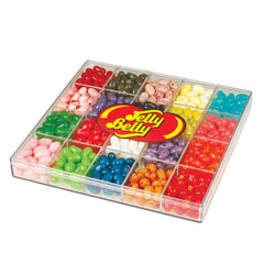 Jelly Belly 20-Flavor Clear Gift Box front view, showcasing official flavors for sharing with friends.