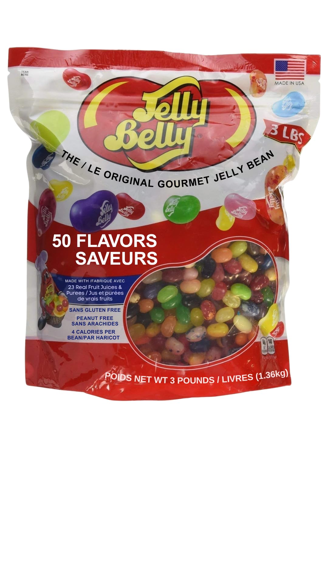 Jelly Belly 3 lb bag front view with 50 flavors, ideal for parties.