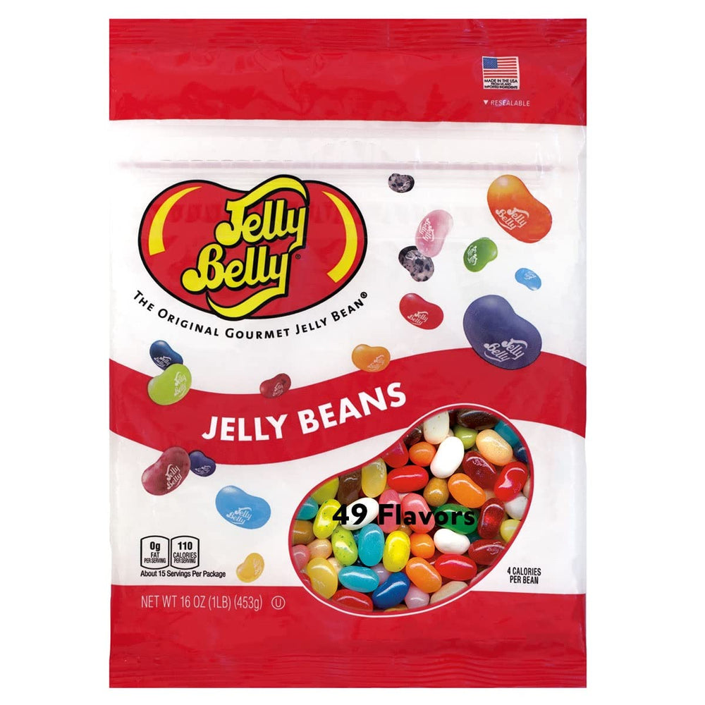 Jelly Belly 49 flavors bag front shows authentic assortment for celebrations.