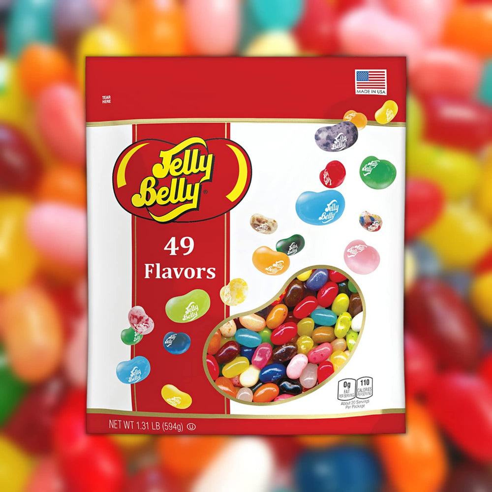 Jelly Belly assorted flavors close-up showing vibrant, chewy beans.