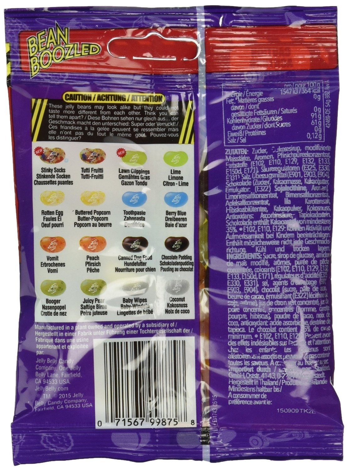 Jelly Belly Bean Boozled bag back view with gluten-free and vegetarian options badge.