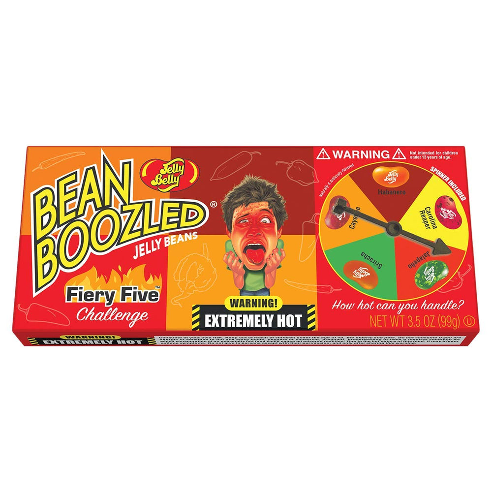 Jelly Belly Bean Boozled Fiery Five Spinner Box showing spicy flavor variety for tasting sessions.