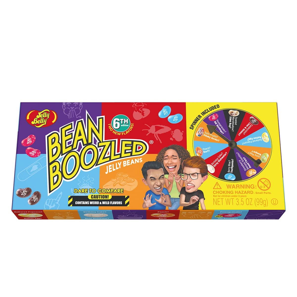 Jelly Belly BeanBoozled Spinner Gift Box 6th Edition with colorful jelly beans and playful packaging.