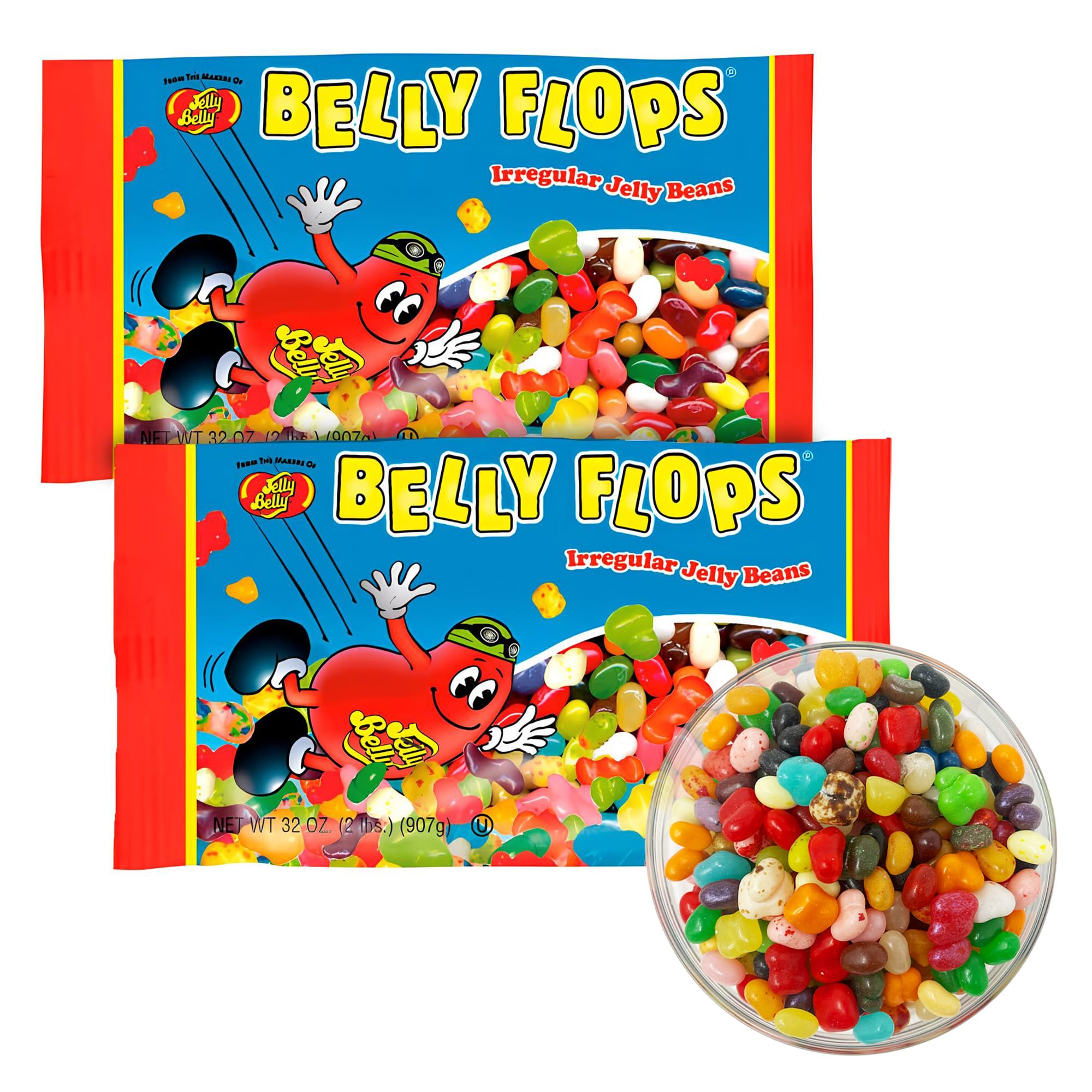Jelly Belly Belly Flops 2lb bags show varied shapes for playful snacking at parties.