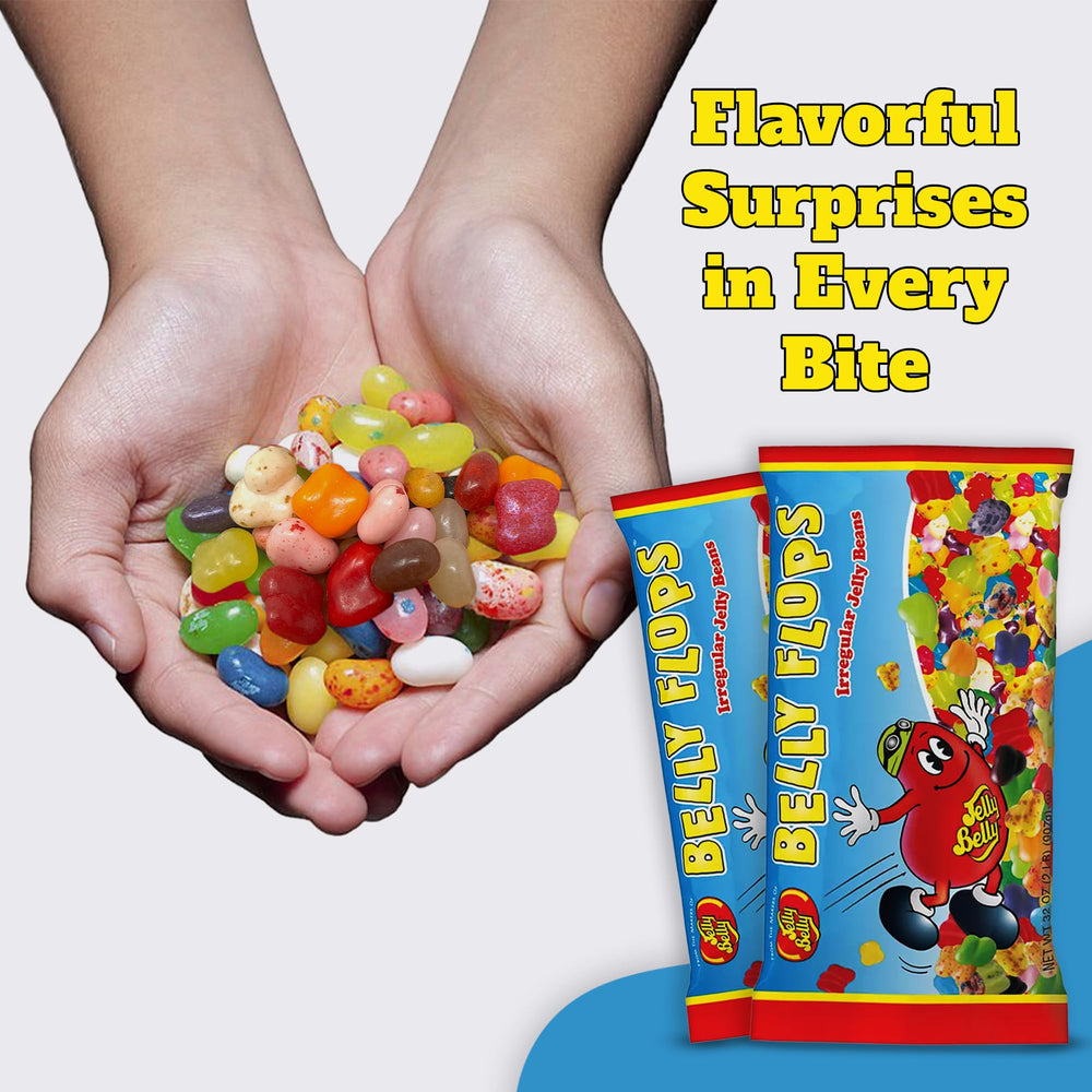 Jelly Belly Belly Flops closeup texture captures chewy sugar-coated beans ideal for sharing.