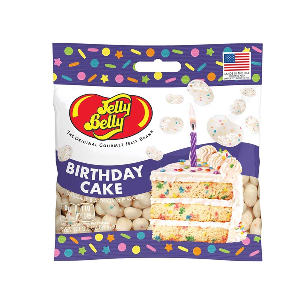 Jelly Belly Birthday Cake beans in a 3.5 oz bag, ideal party snack and gift addition.