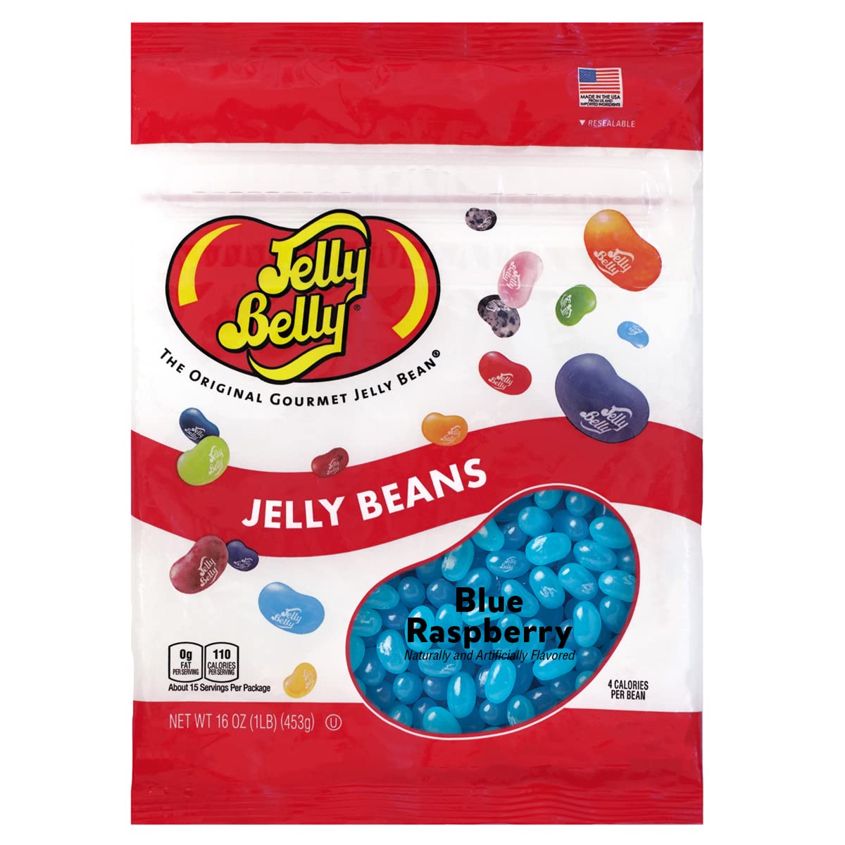 Jelly Belly Blue Raspberry jelly beans in a bag for on-the-go snacking.