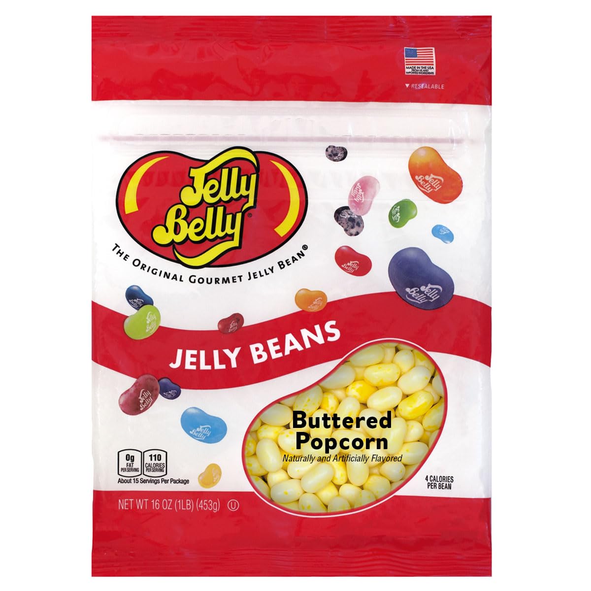 Jelly Belly Buttered Popcorn beans in a 1-pound bag, ideal for movie nights.