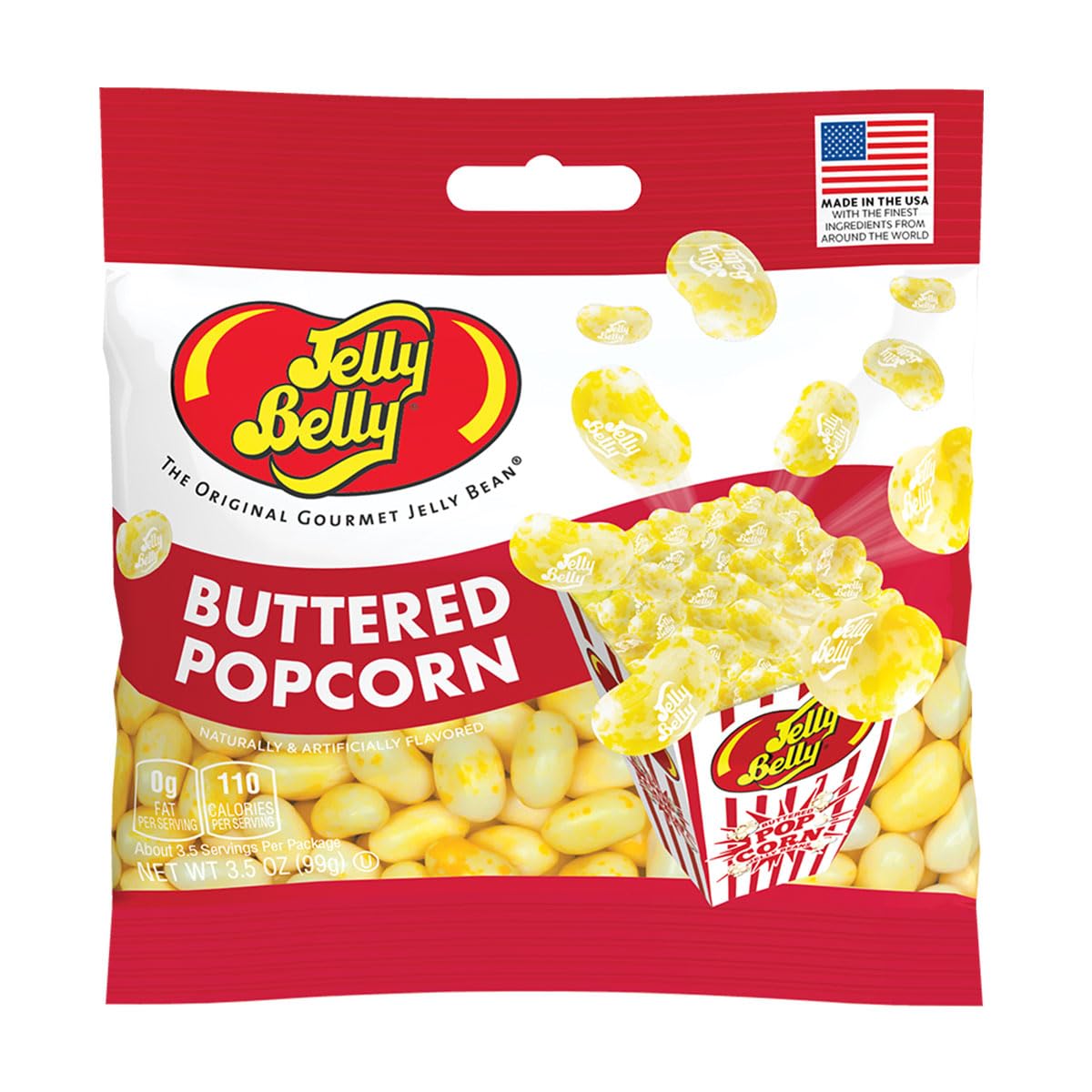 Jelly Belly Buttered Popcorn packaging front for crave-worthy aroma and convenient snack.