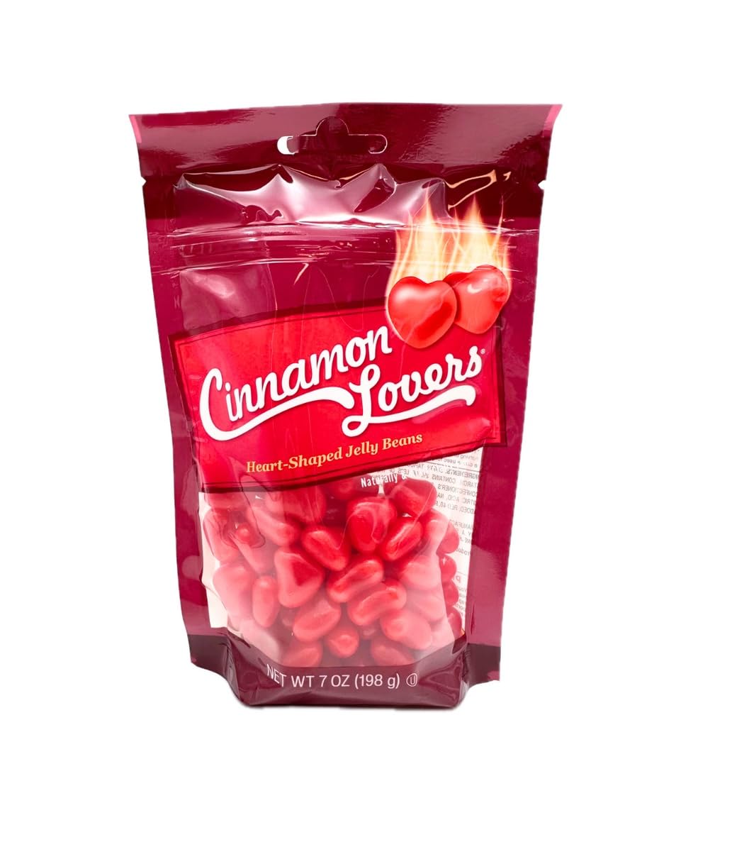 Jelly Belly Cinnamon Lovers heart-shaped jelly beans in a 7 oz bag for bold cinnamon flavor.
