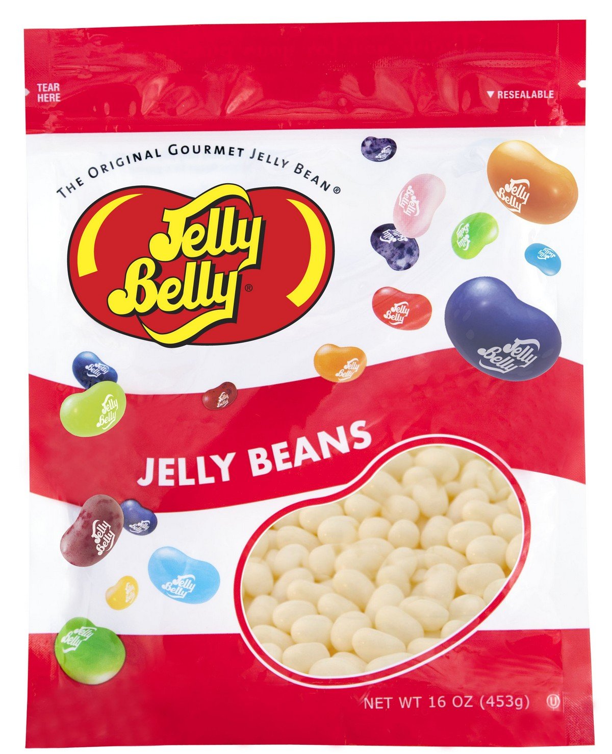 Jelly Belly Coconut Jelly Beans in a jar view, tropical snack ready to enjoy.