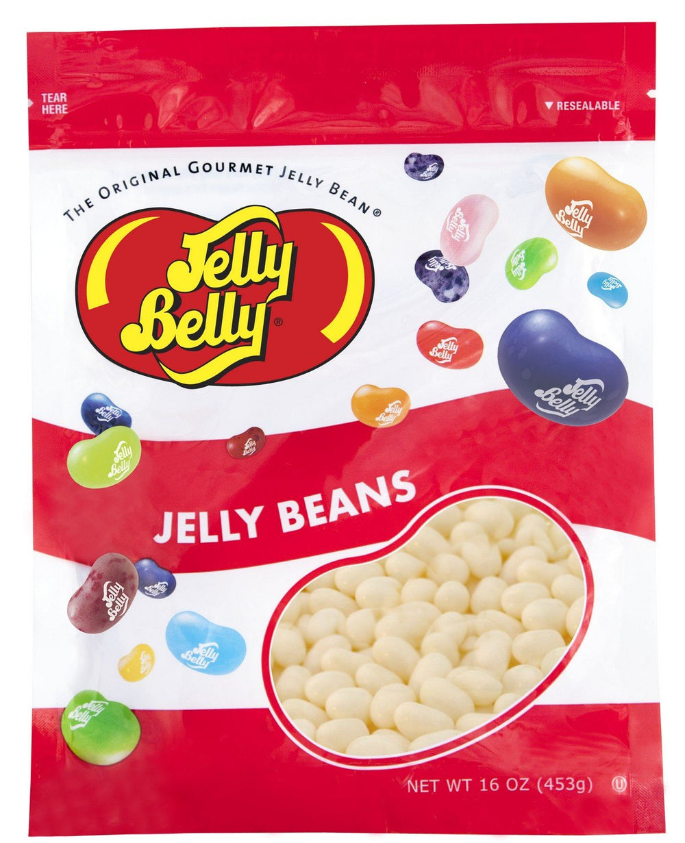 Jelly Belly Coconut Jelly Beans in a jar view, tropical snack ready to enjoy.