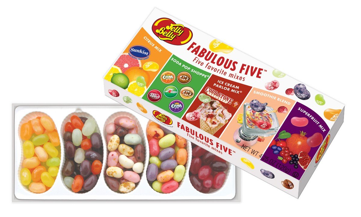 Jelly Belly Fabulous Five gift box featuring five flavors, ideal for sharing or gifting