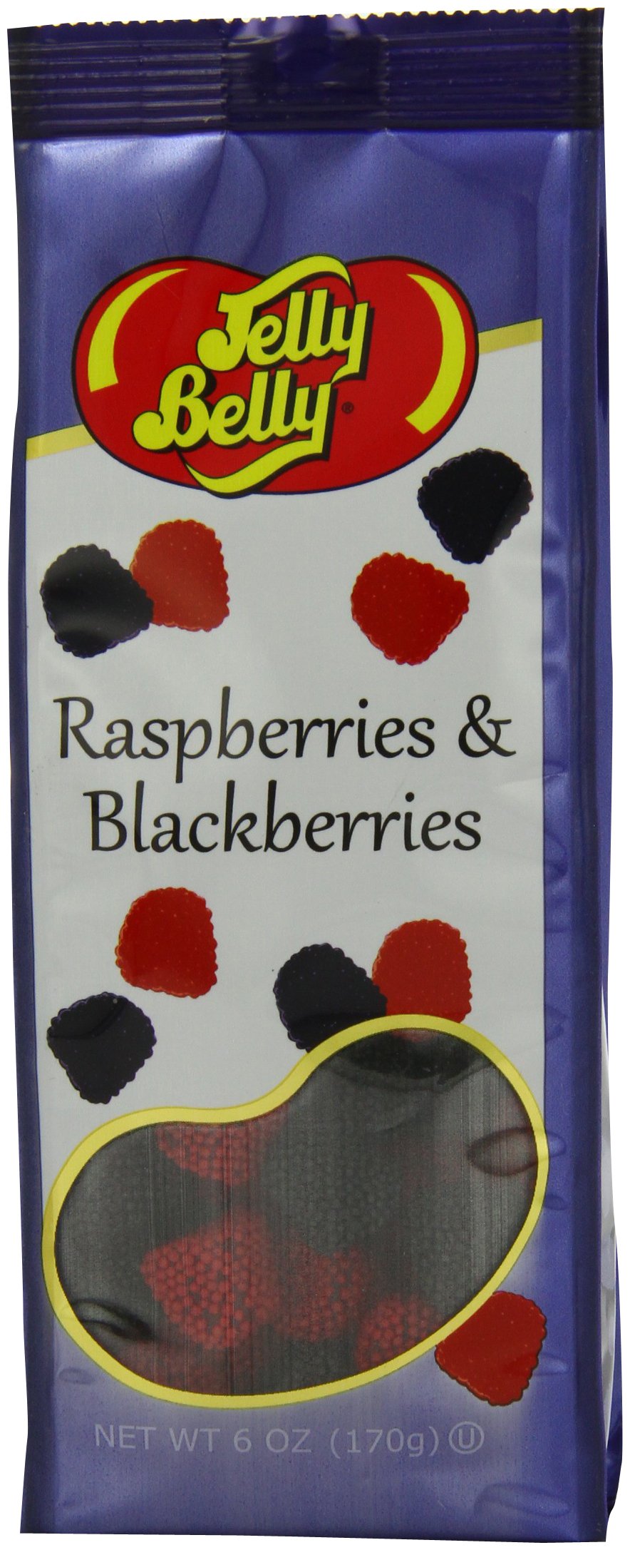 Jelly Belly Gift Bag with raspberry and blackberry candies showing soft centers and crunchy seeds, ideal for sharing