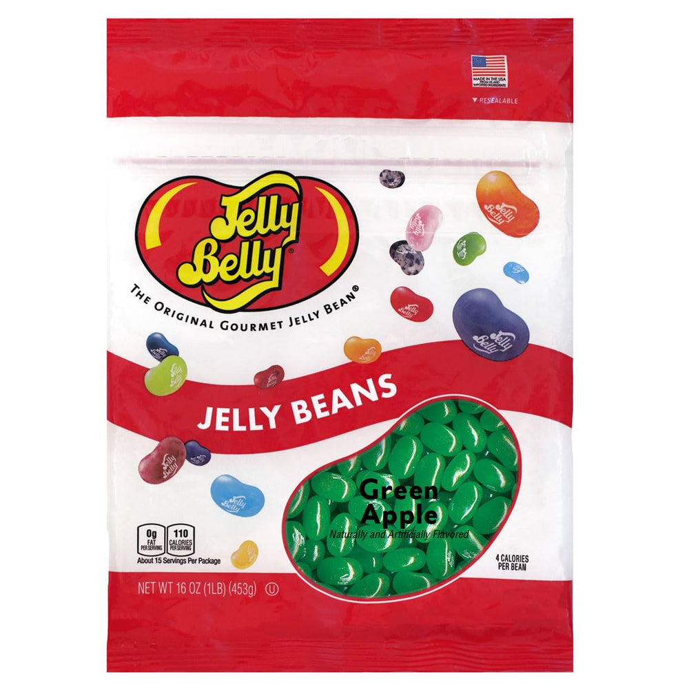 Jelly Belly Green Apple jelly beans bag with resealable closure for freshness.