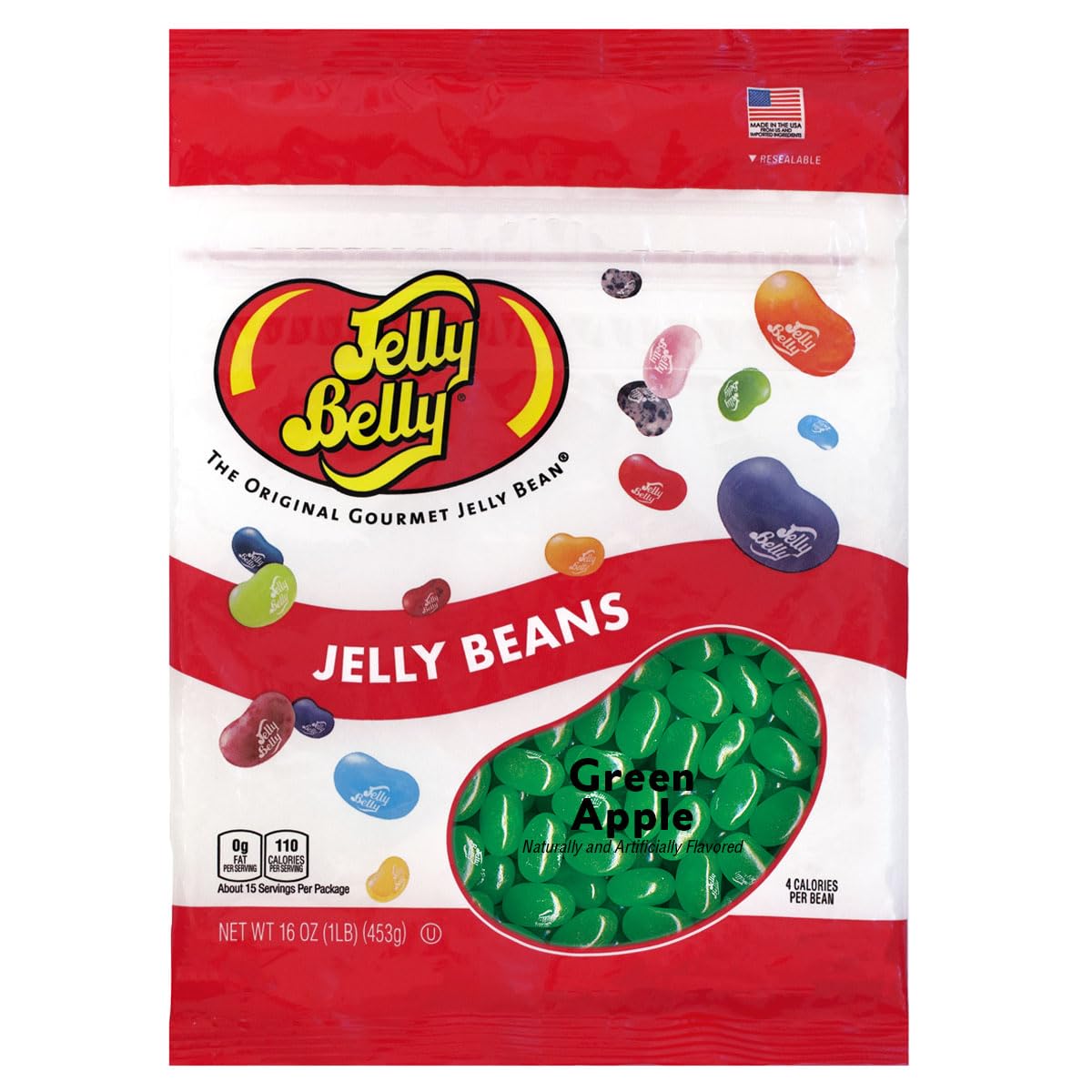 Jelly Belly Green Apple jelly beans bag with resealable closure for freshness.