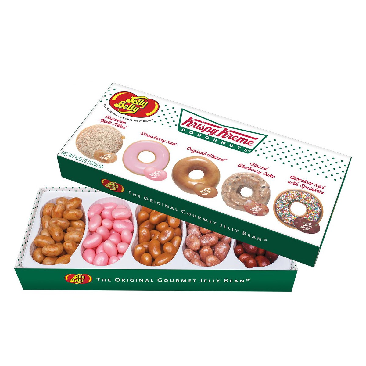 Jelly Belly Krispy Kreme gift box with five flavors, ideal for gifting.