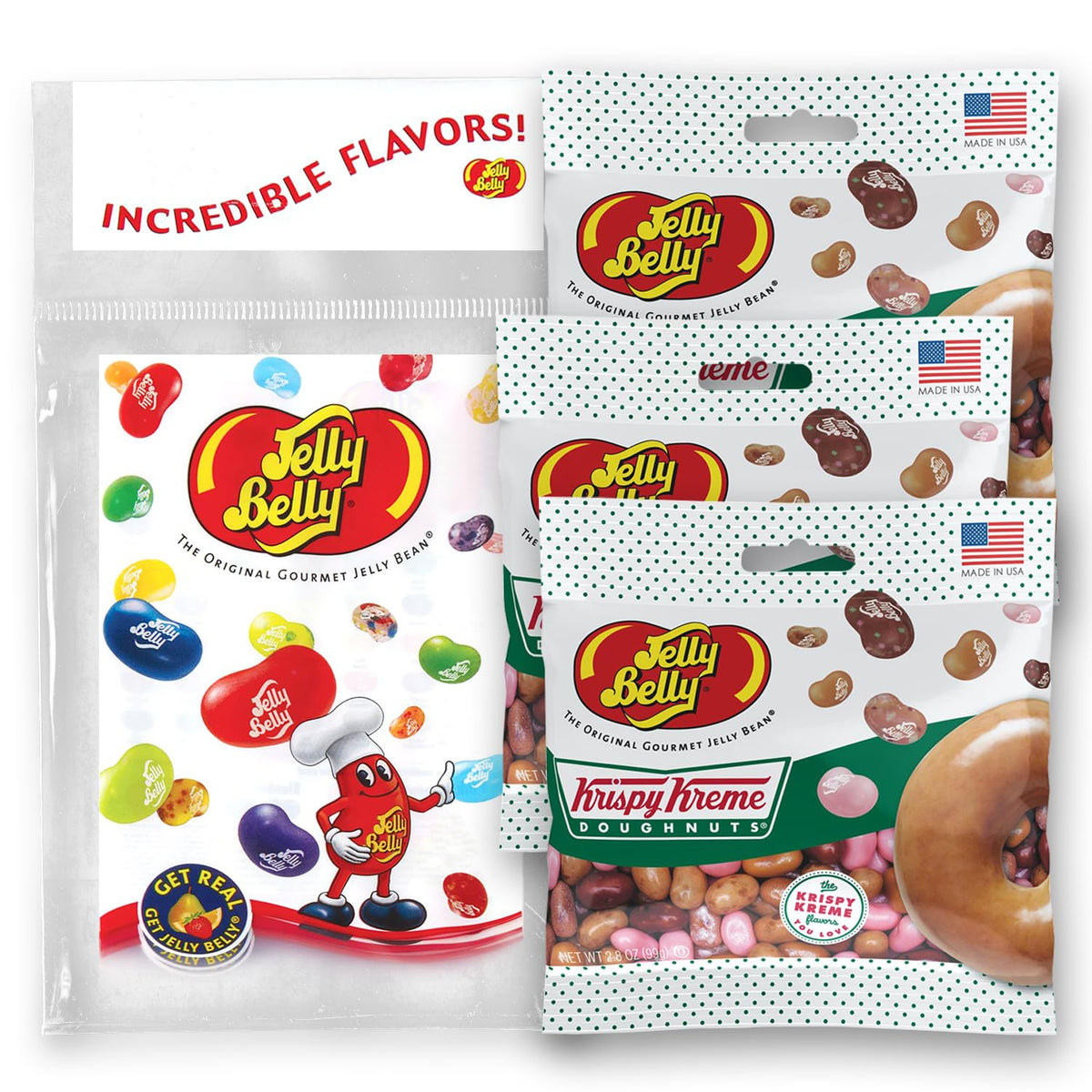 Jelly Belly Krispy Kreme jelly beans on grab-and-go packaging for quick snacking.