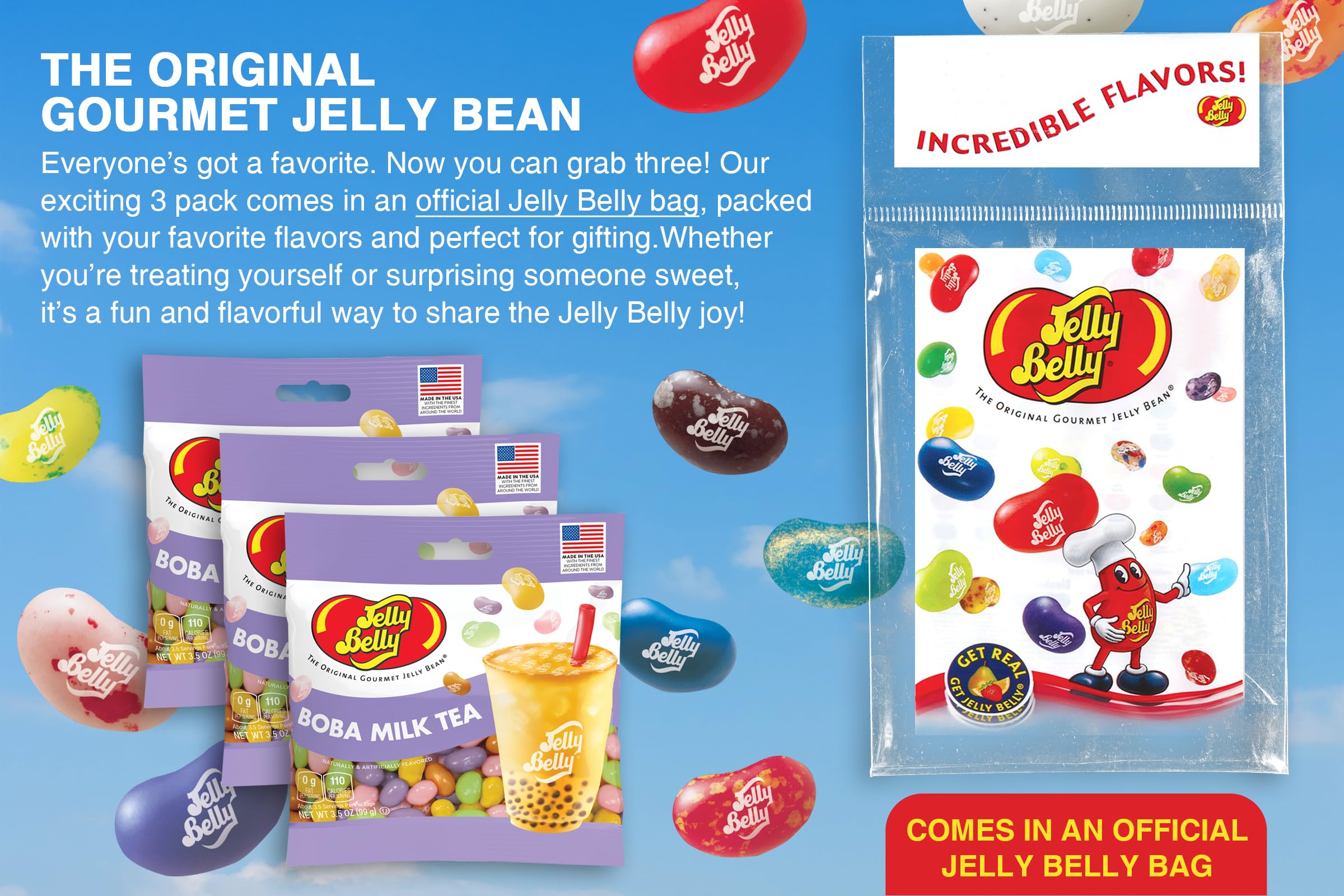 Mango Milk Tea flavor Jelly Belly Boba beans highlight a tropical tea note.
