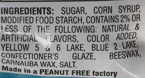 Jelly Belly jar with label visible, featuring gluten-free and peanut-free claims for dietary choices.