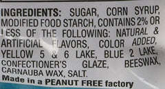 Jelly Belly jar with label visible, featuring gluten-free and peanut-free claims for dietary choices.