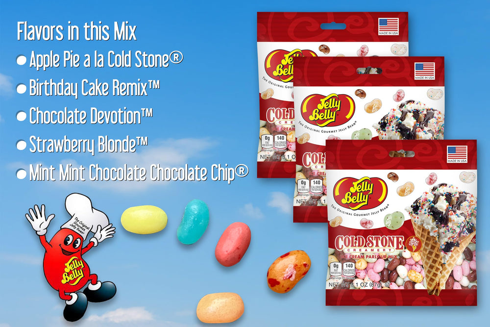Close-up of Jelly Belly Cold Stone pumpkin pie jelly beans in 3.5 oz bags