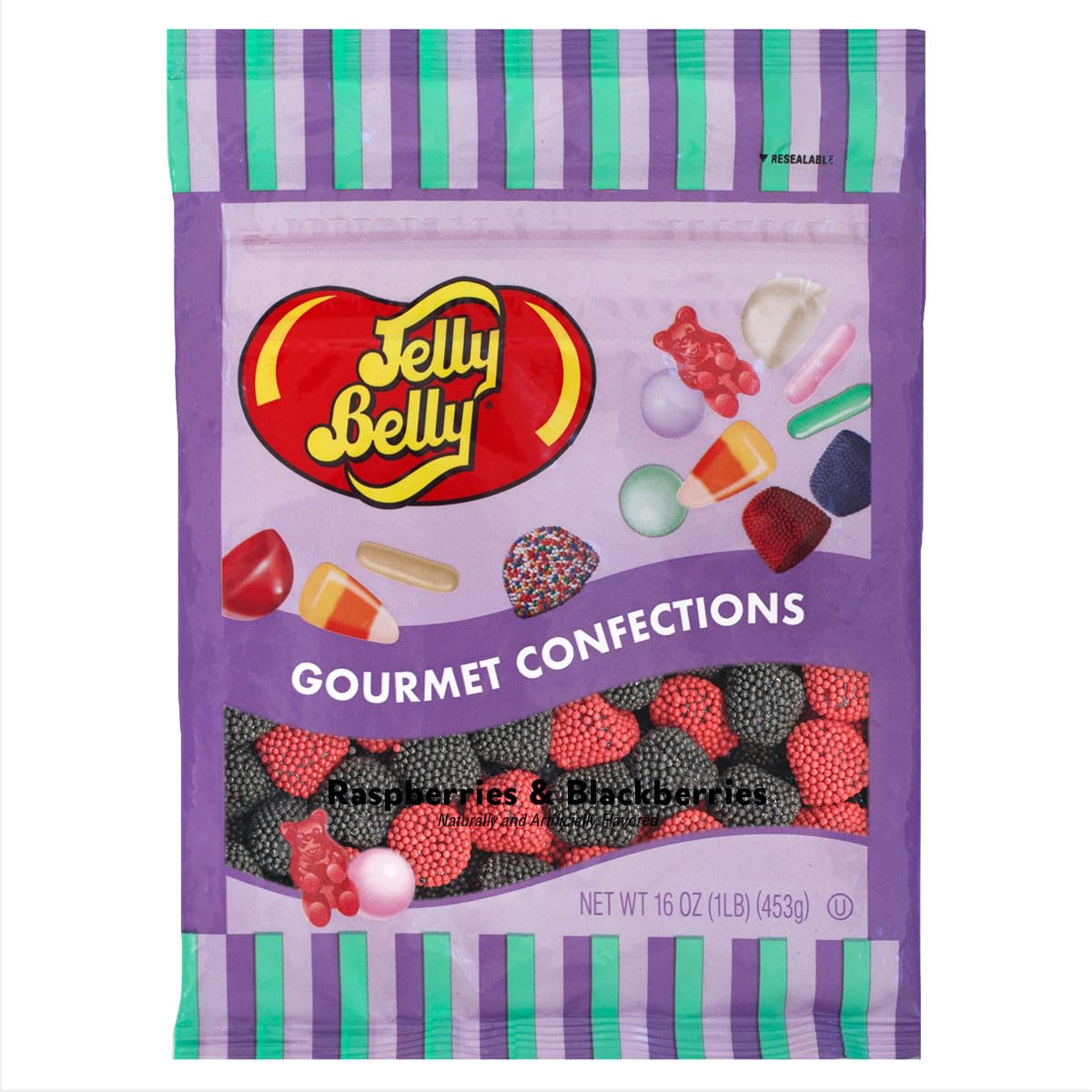 Jelly Belly raspberry-blackberry candy in a one-pound bag showing fruity centers.