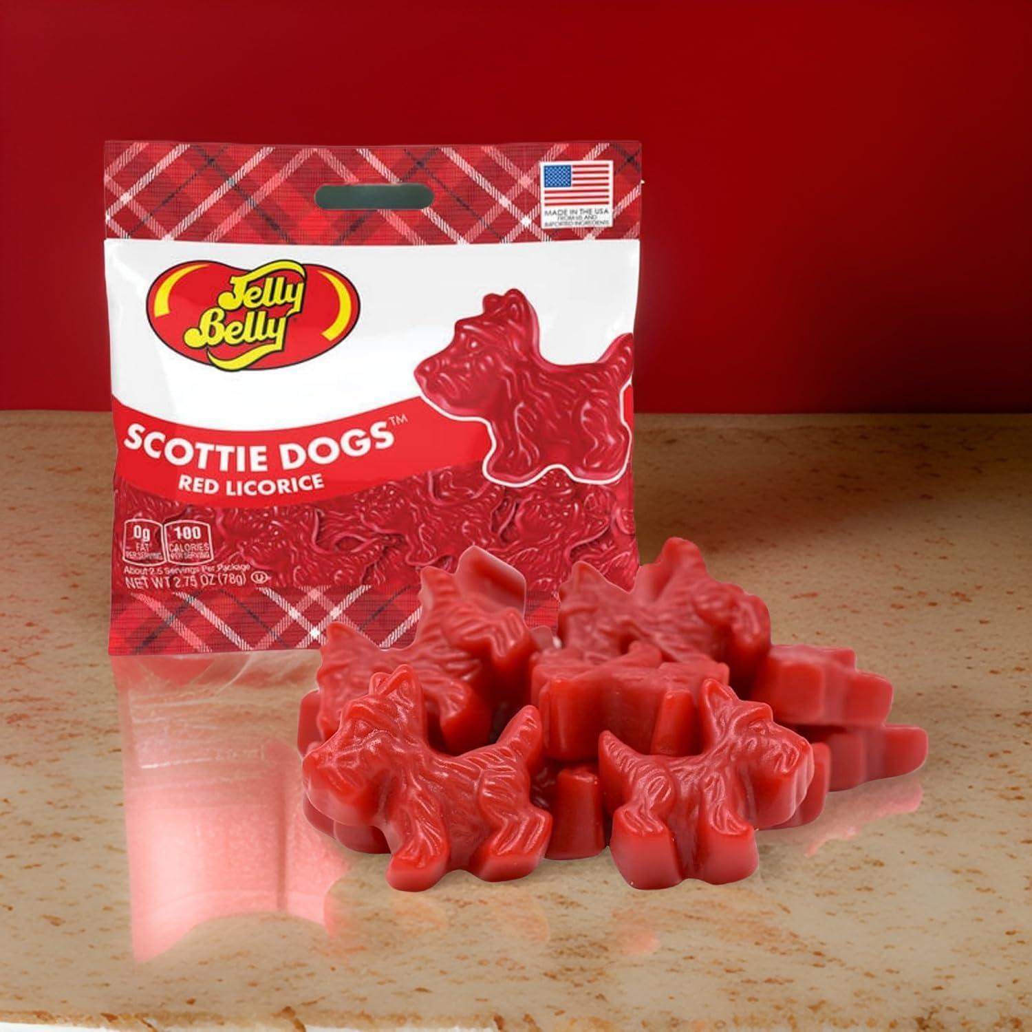 Jelly Belly Red Licorice Scottie Dogs 3-pack top view, great for party favors.