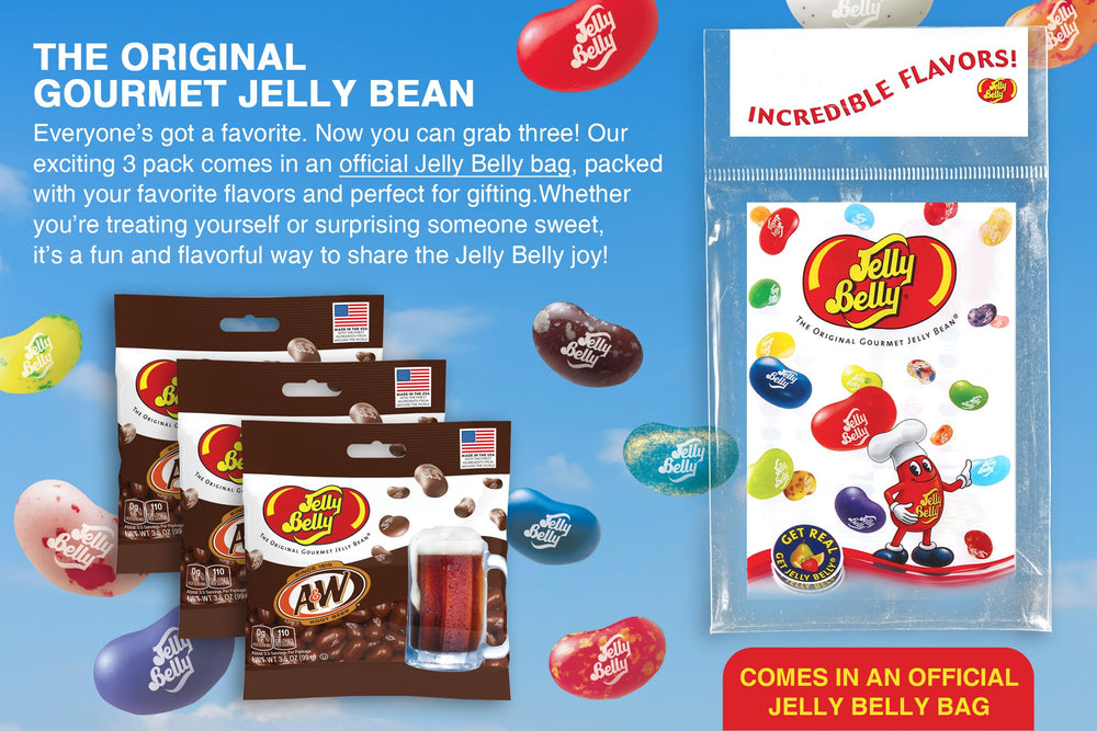 Jelly Belly Root Beer Jelly Beans packaging showcases convenient grab-and-go bags.
