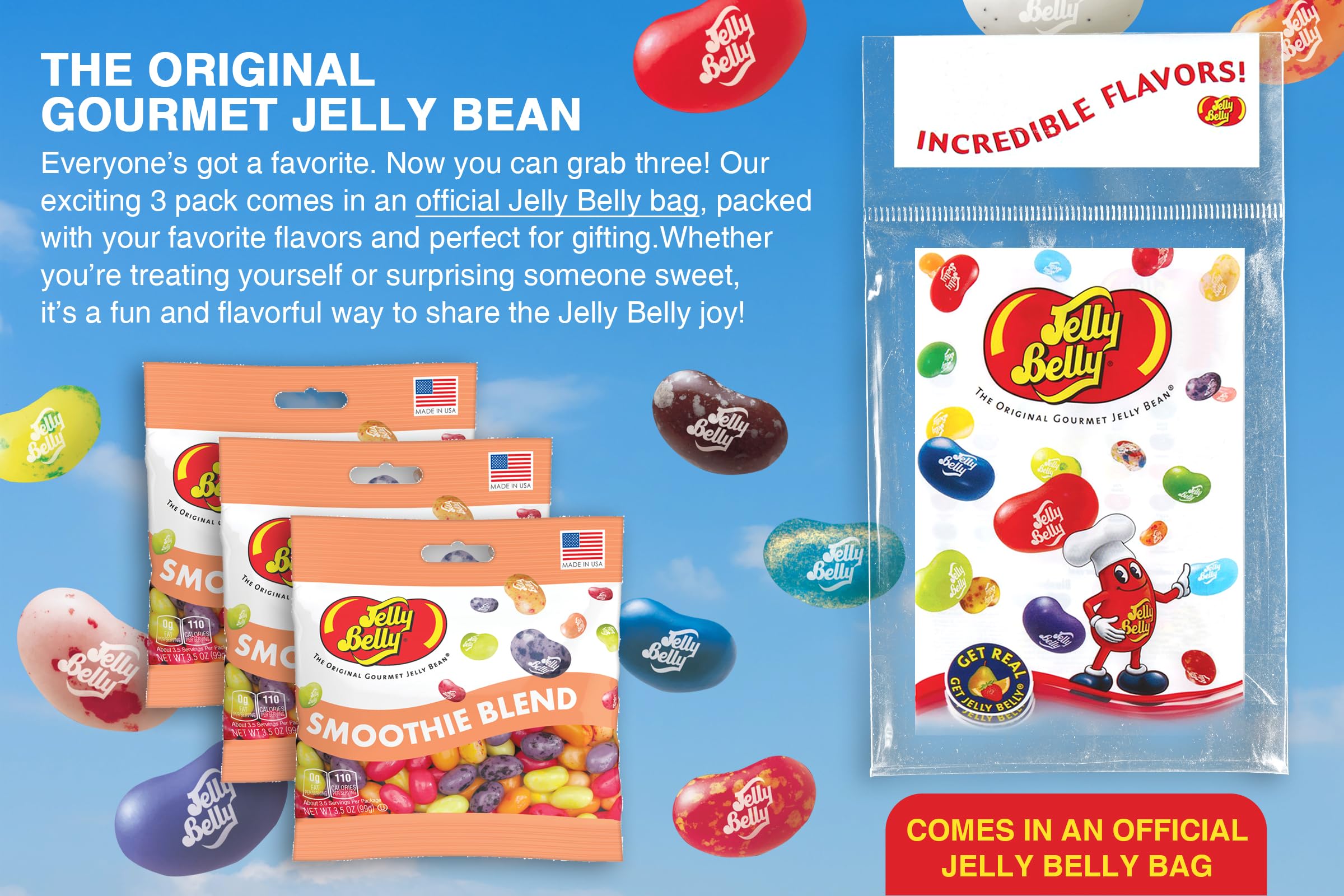 Jelly Belly Smoothie Blend pack-of-3-bags highlights convenient party or lunchbox refresh.