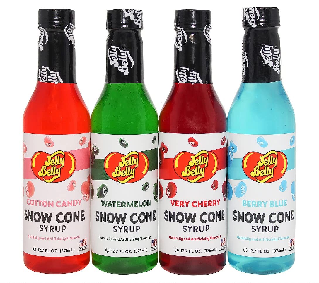 Jelly Belly Snow Cone Syrup very cherry bottle pouring over shaved ice for a bright treat