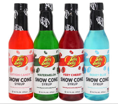 Jelly Belly Snow Cone Syrup very cherry bottle pouring over shaved ice for a bright treat