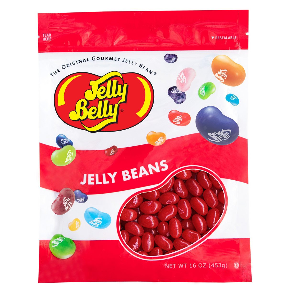 Jelly Belly Sour Cherry jelly beans in a resealable bag for on-the-go snacking.