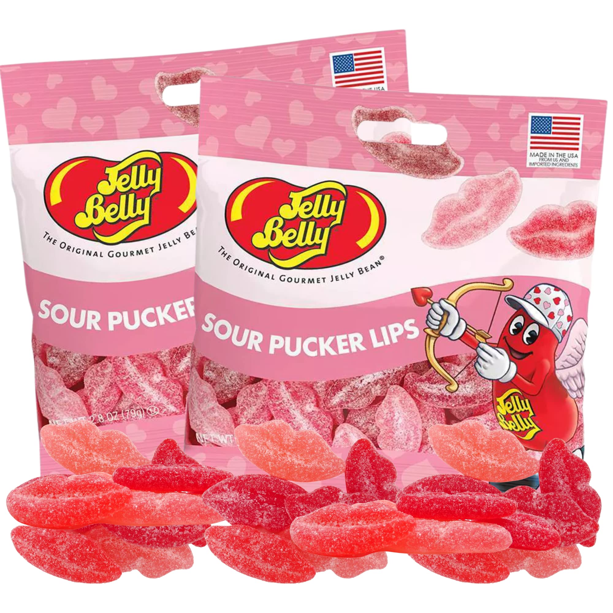 Jelly Belly Sour Pucker Lips pink and red bag, ideal for Valentine snacking.