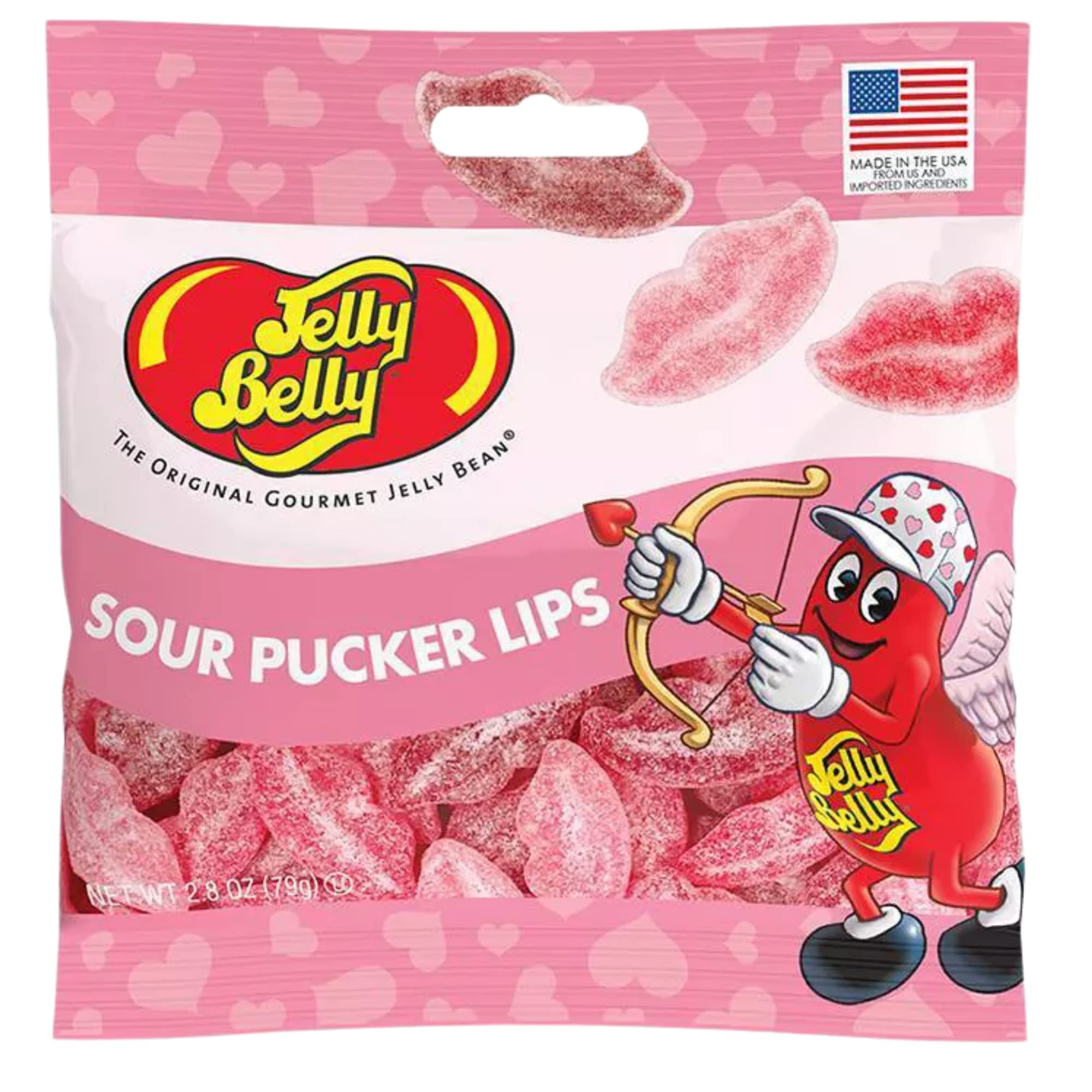 Close-up of Jelly Belly Sour Pucker Lips pink lips gummies for gifting or parties.