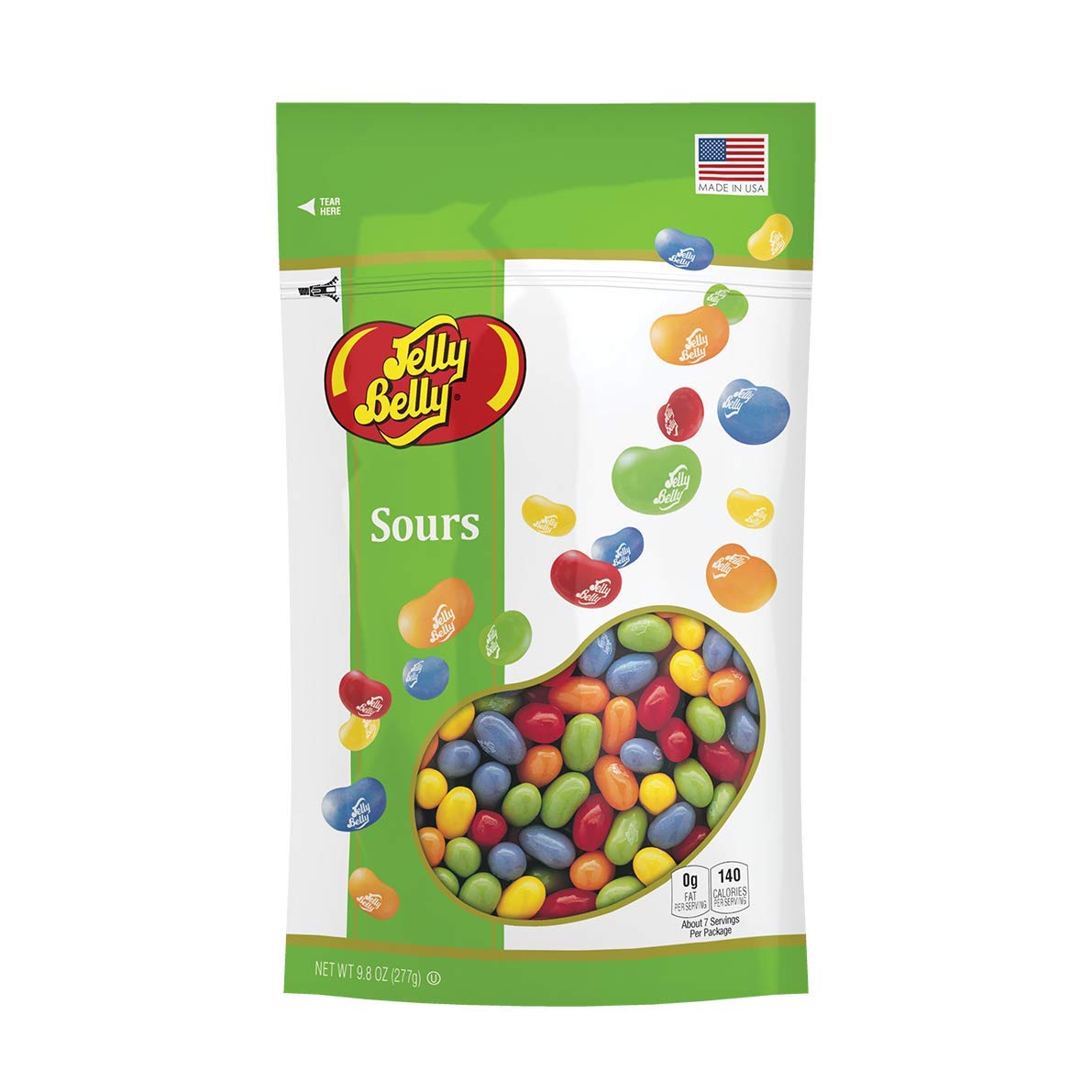 Jelly Belly Sours beans on pack front show bright colors and tart flavor options.
