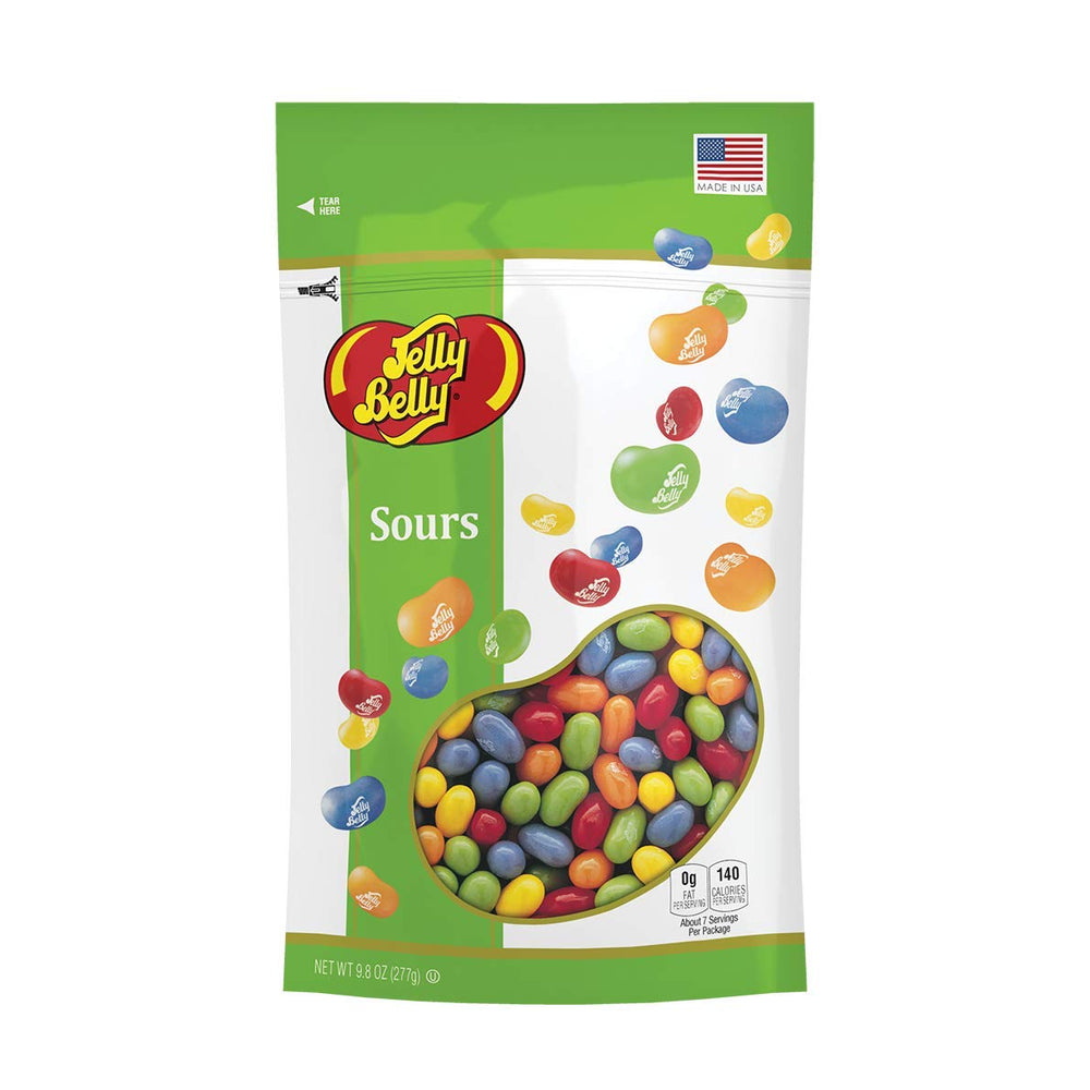 Jelly Belly Sours beans on pack front show bright colors and tart flavor options.