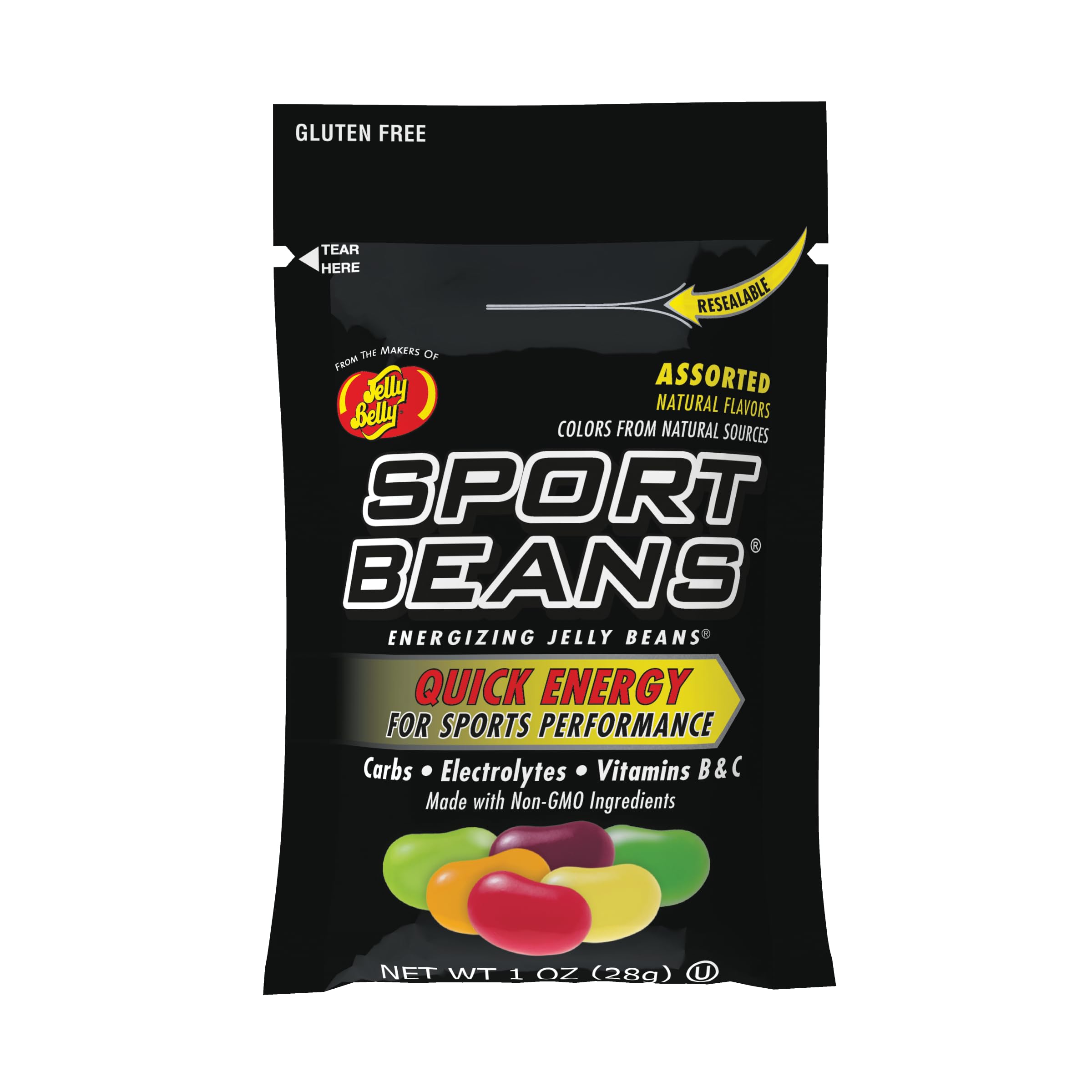 Jelly Belly Sport Beans bag front showing colorful energizing jelly beans for athletes.