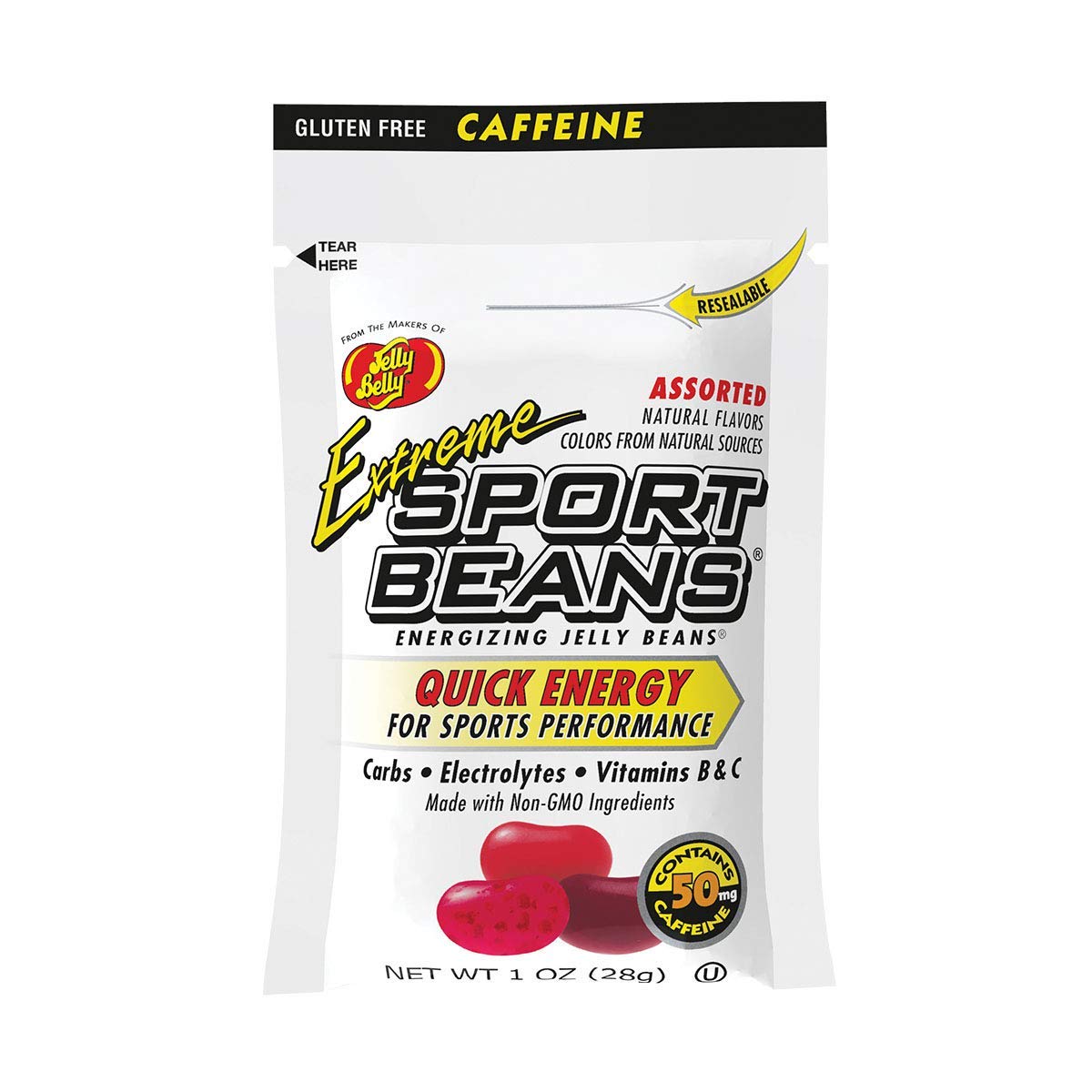 Jelly Belly Sport Beans Extreme assorted 1oz packshot highlighting caffeine boost for workouts