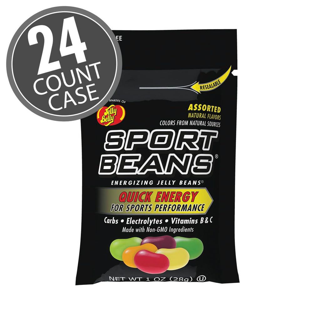 Jelly Belly Sport Beans pack closeup highlighting portable 1-ounce servings for on-the-go energy.