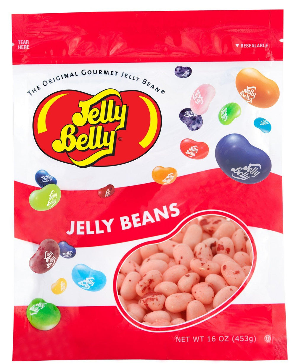 Jelly Belly Strawberry Cheesecake jelly beans in a resealable 1 lb bag for freshness.