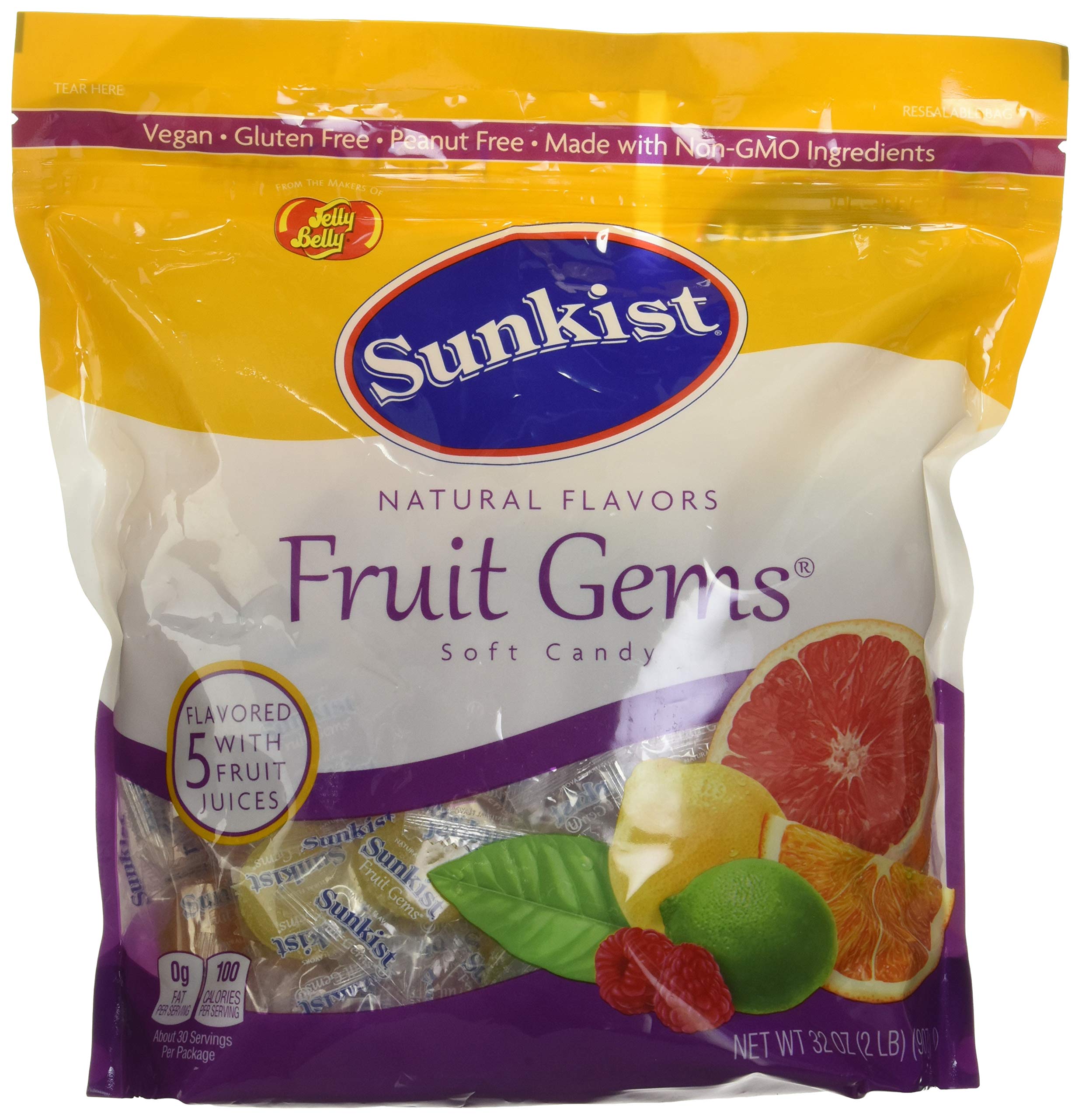 Jelly Belly Sunkist Fruit Gems bag with colorful fruits, fat-free snack for on-the-go.