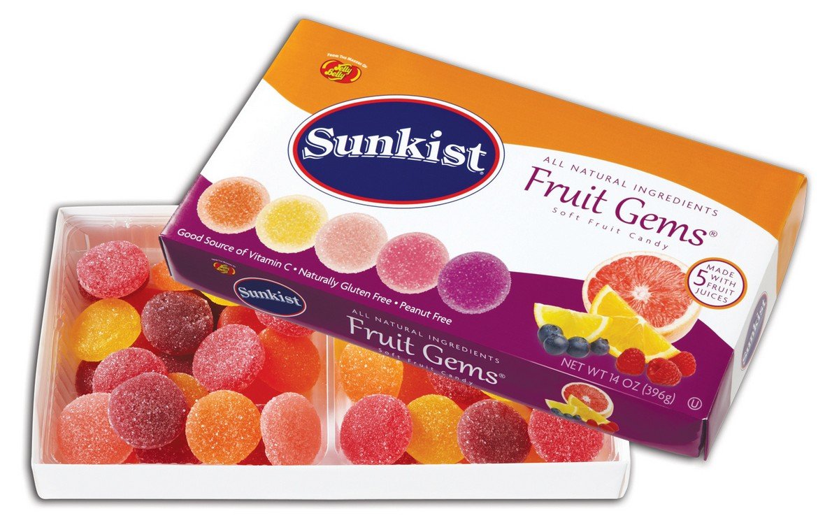 Jelly Belly Sunkist Fruit Gems box front view, ideal for party snacking.