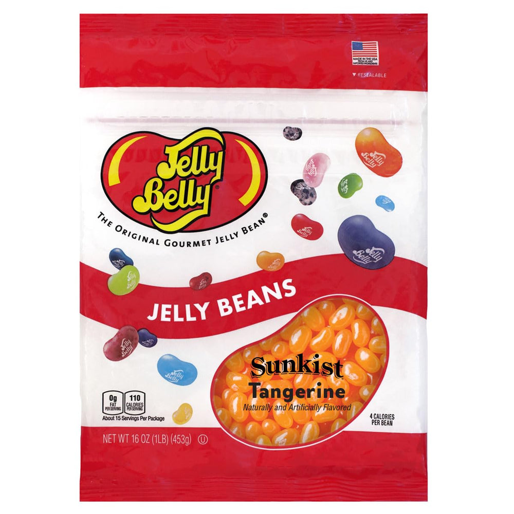 Jelly Belly Sunkist Tangerine jelly beans in a resealable bag deliver bright citrus flavor.