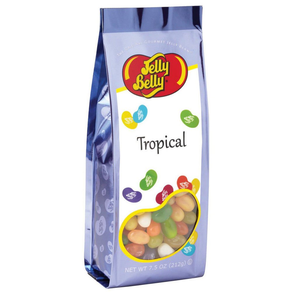 Jelly Belly tropical gift bag front view with colorful beans for sharing.
