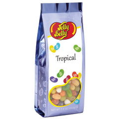 Jelly Belly tropical gift bag front view with colorful beans for sharing.