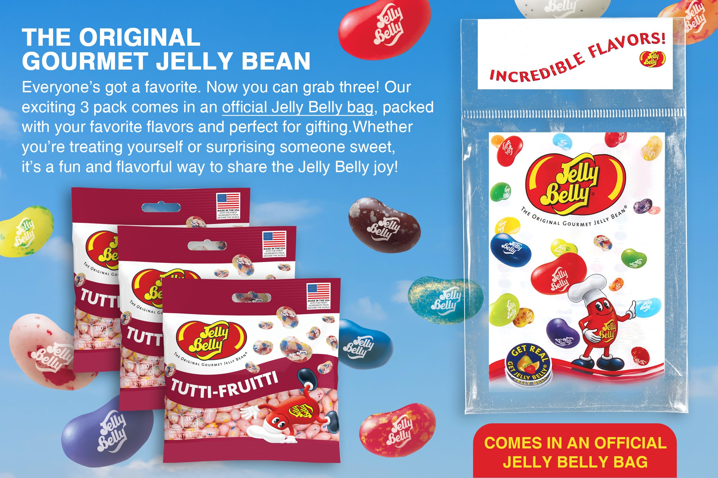 Jelly Belly Tutti-Frutti 3.5 oz bags, grab-and-go convenience for lunches.