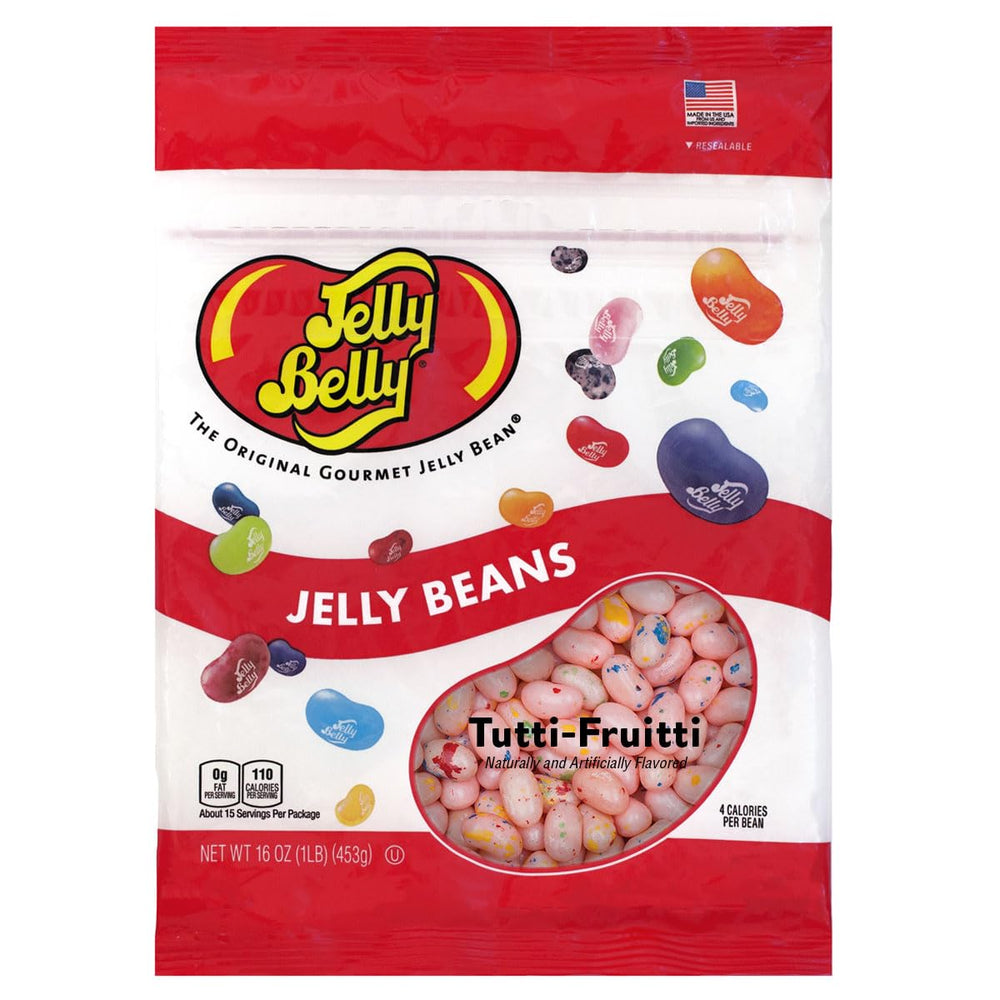 Jelly Belly Tutti-Fruitti jelly beans in a resealable bag for freshness and convenience.